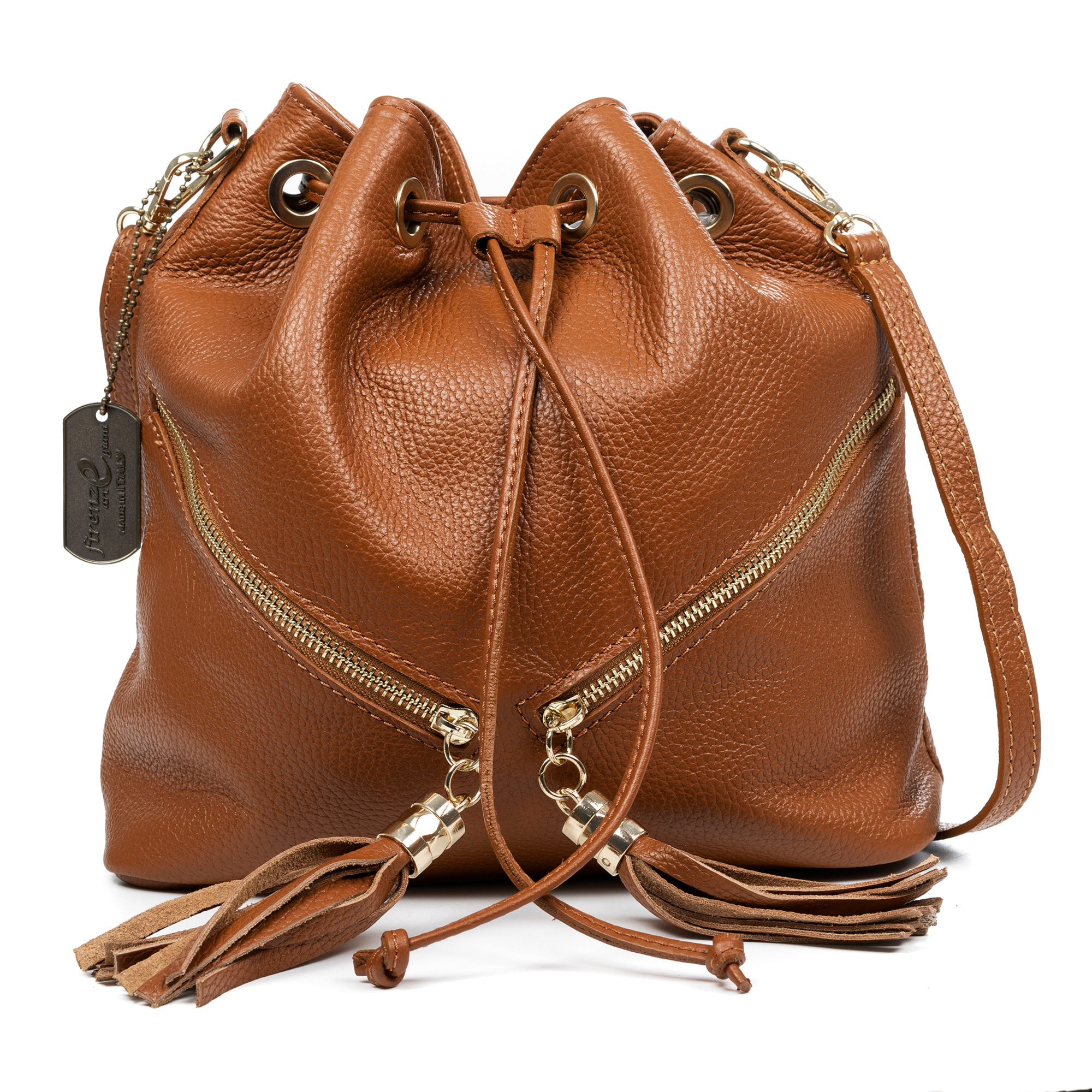 Arzene borsa a tracolla in pelle autentica dollaro. Design fresco arricciato e frange sul davanti