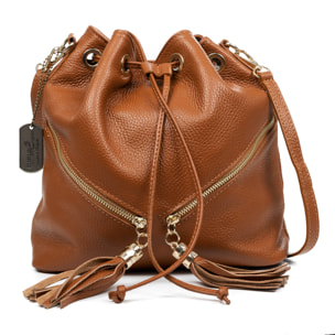 Arzene borsa a tracolla in pelle autentica dollaro. Design fresco arricciato e frange sul davanti