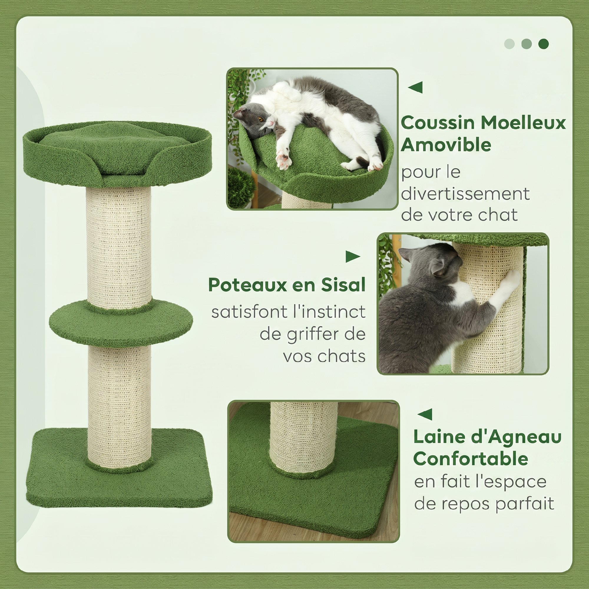 Arbre à chat avec griffoir centre d'activités 2 plateformes coussin vert