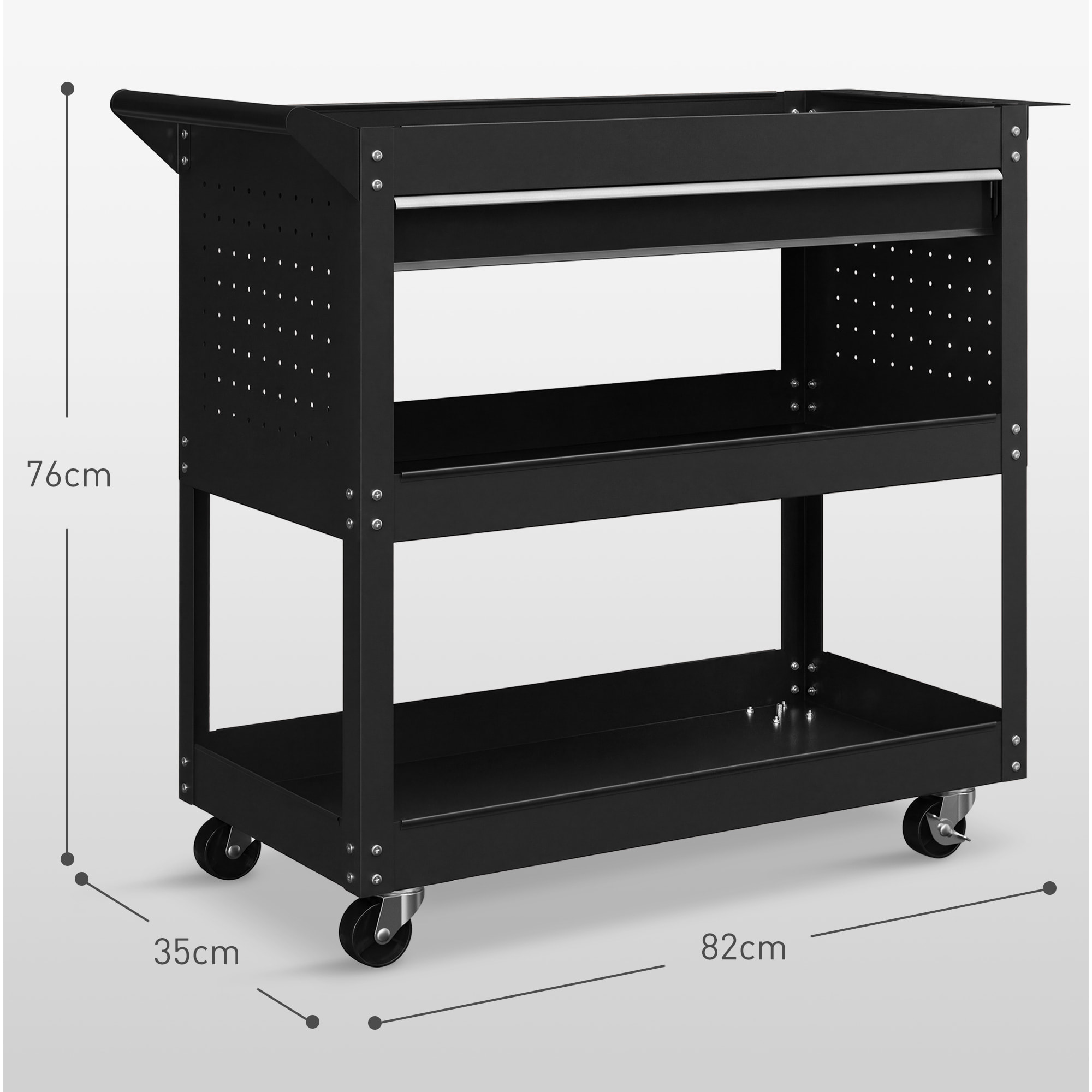 Servante d'atelier chariot à outils 2 étagères plateau grand tiroir tablette à outils acier noir