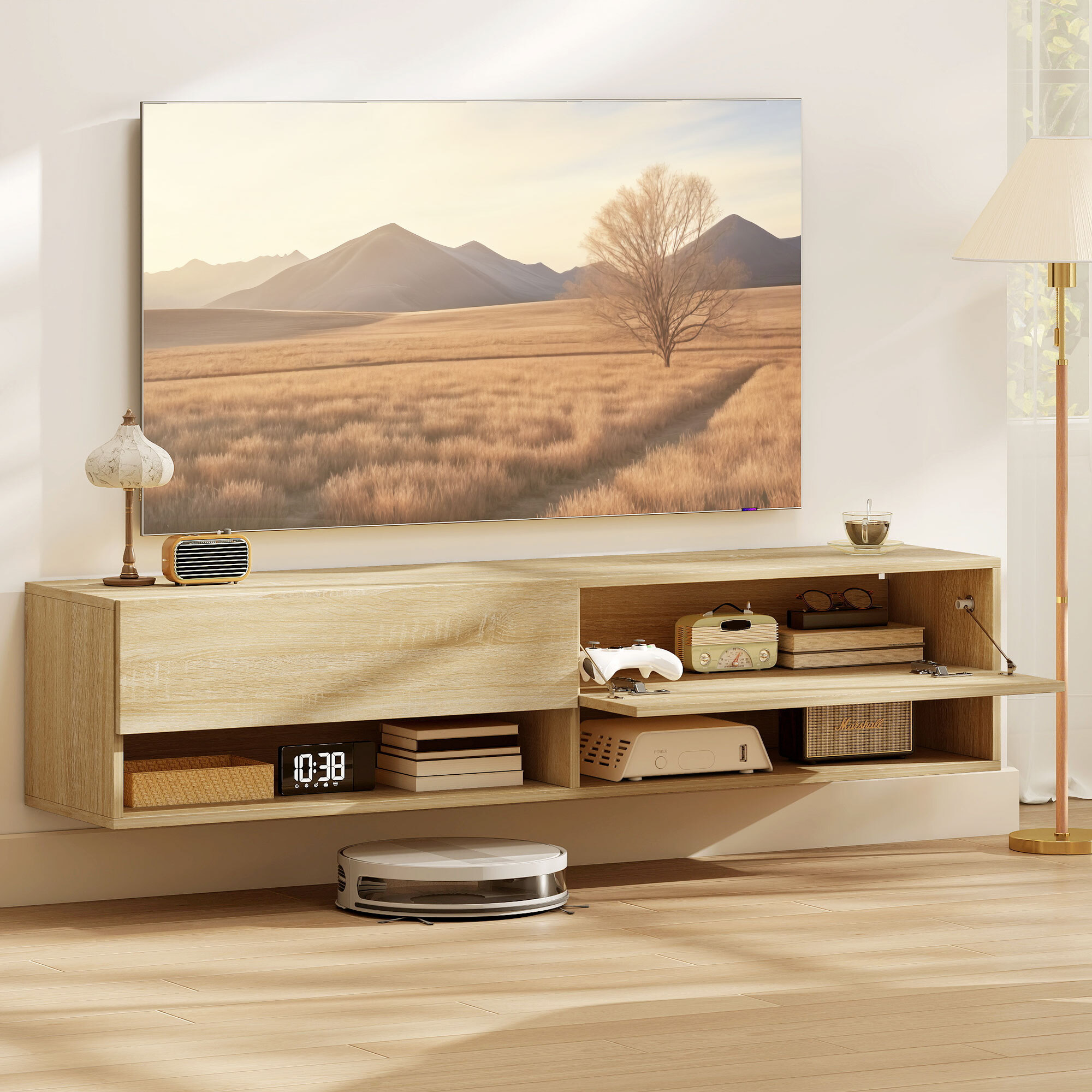 Mueble de TV Suspendido, Mueble de TV para Salón con 2 Cajones Abatibles, 2 Estantes Abiertos, Gestión de Cables, Estilo Moderno, para Televisión 60 Pulgadas, 140x32x31 cm, Madera Natural