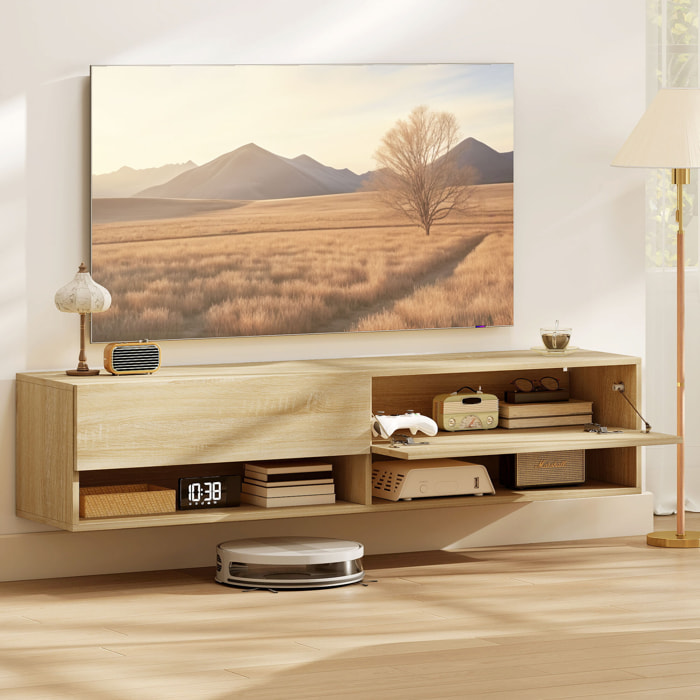 Mueble de TV Suspendido, Mueble de TV para Salón con 2 Cajones Abatibles, 2 Estantes Abiertos, Gestión de Cables, Estilo Moderno, para Televisión 60 Pulgadas, 140x32x31 cm, Madera Natural