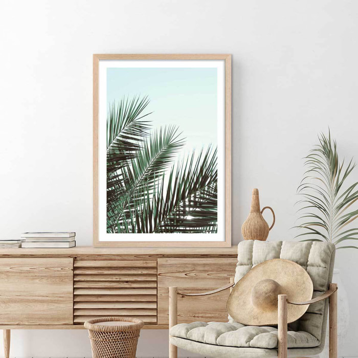 Poster palme verte Affiche + cadre en bois - Chêne