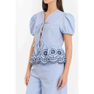 Kocca - Blusa da donna a righe con maniche a sbuffo e orlo ricamato Donna