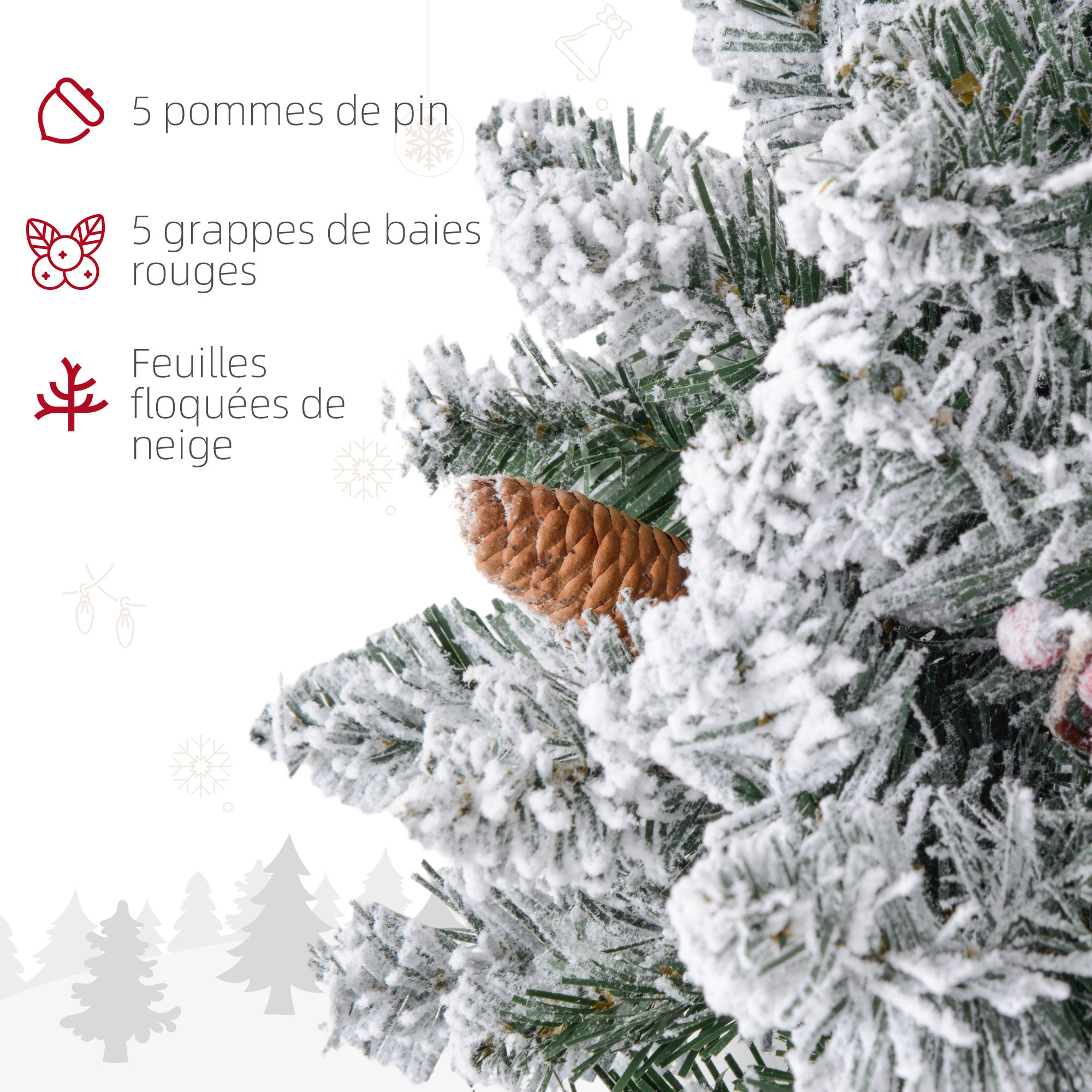 Couronne de Noël artificielle LED 60 cm - pommes de pin, baies rouges, 50 LED blanc - effet enneigé