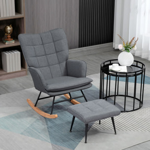 Fauteuil à bascule avec repose-pieds style nordique acier noir bois clair tissu gris
