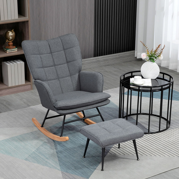 Fauteuil à bascule avec repose-pieds style nordique acier noir bois clair tissu gris