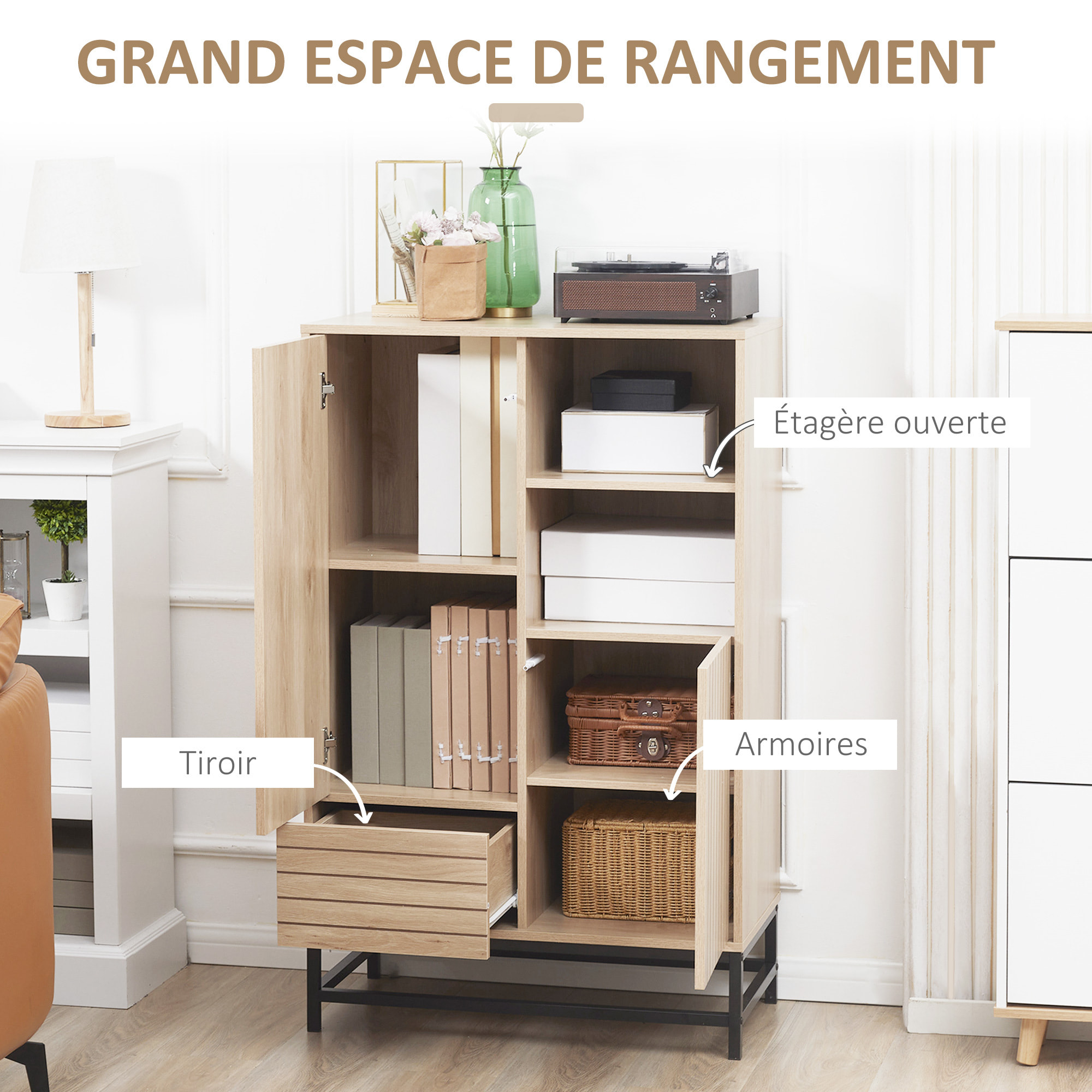 Buffet haut design Urban Craft - 2 portes avec étagère, 2 niches, tiroir - piètement acier noir - MDF aspect bois clair