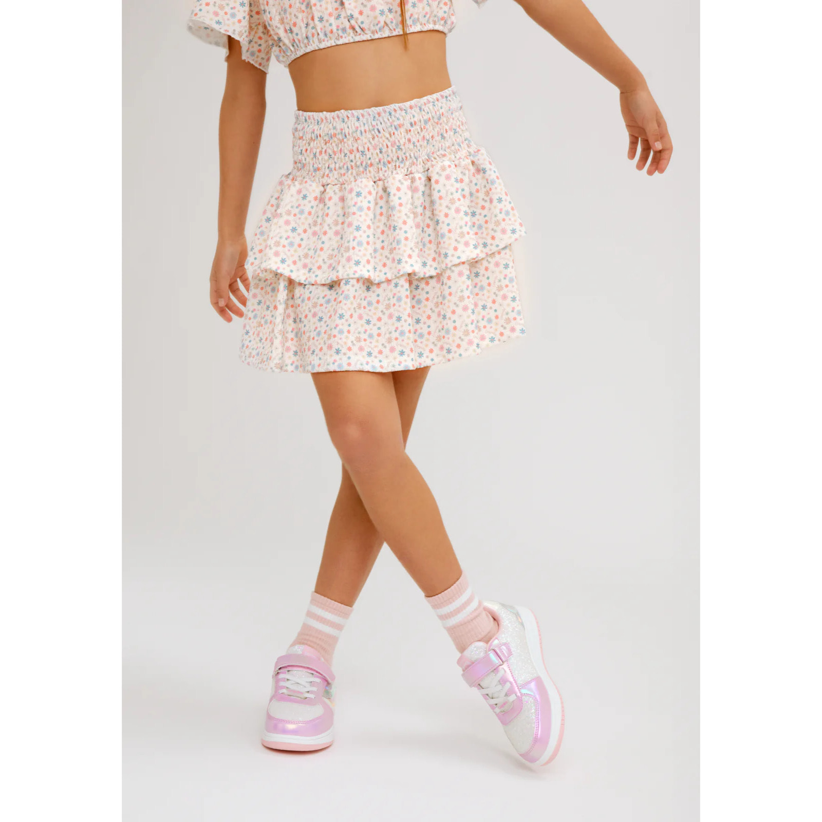 Camiseta de Niña con Escote Elástico Estampado Floral