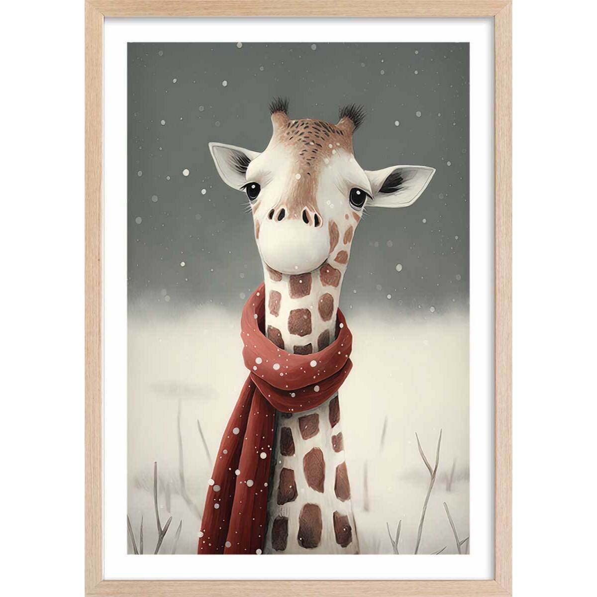 Affiche enfant girafe sous la neige  Affiche + cadre en bois - Chêne