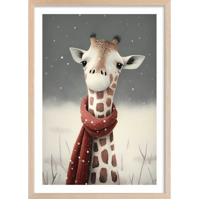 Affiche enfant girafe sous la neige  Affiche + cadre en bois - Chêne