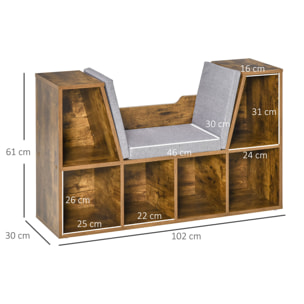 Bibliothèque banc 2 en 1 design contemporain 6 casiers 3 coussins fournis 102L x 30l x 61H cm aspect bois vieilli gris
