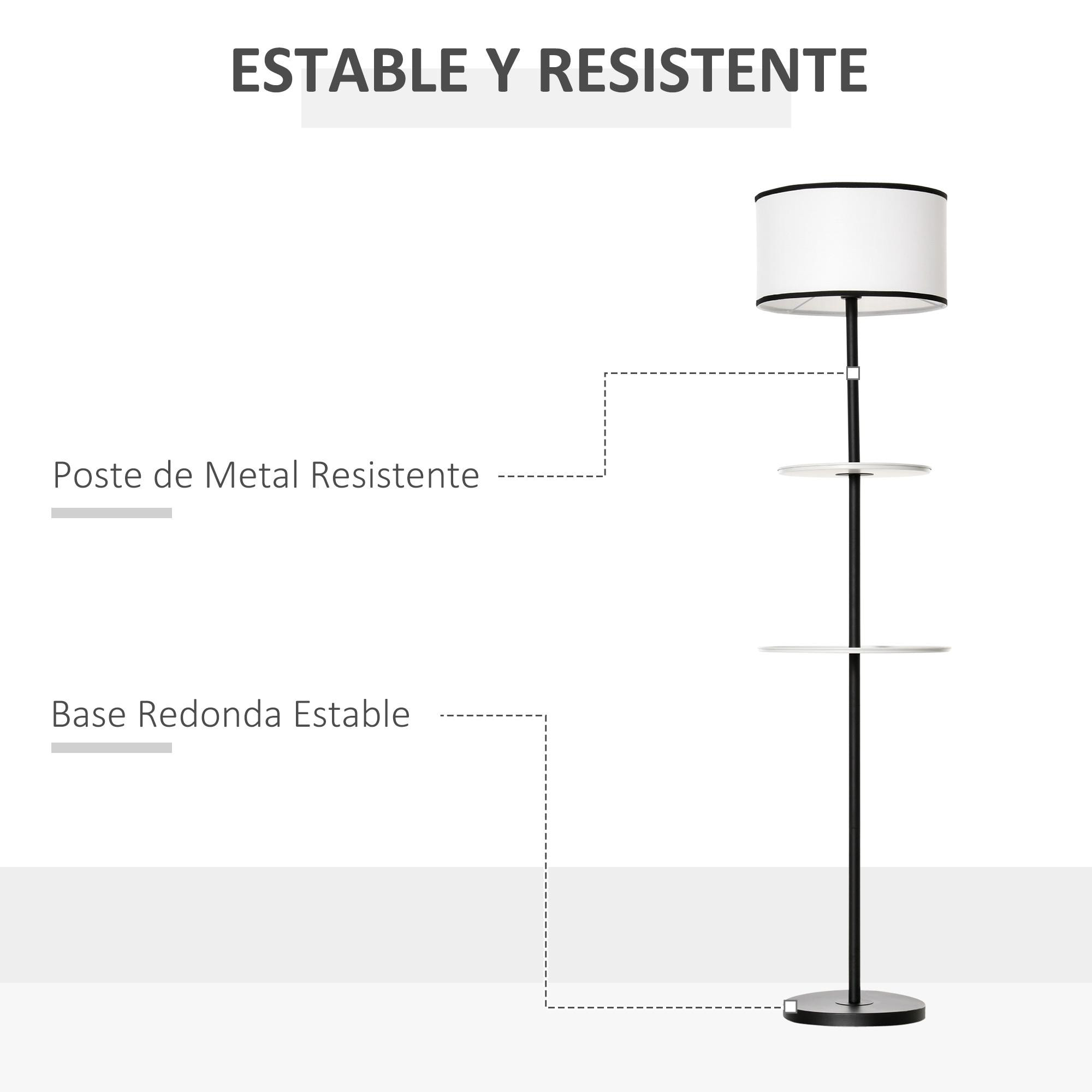 HOMCOM Lámpara de Pie Moderna con 2 Mesas Auxiliares Casquillo E27 Máx. de 40W y Interruptor de Pie Lámpara con Estante para Salón Dormitorio Estudio Ø40x170 cm Blanco y Negro