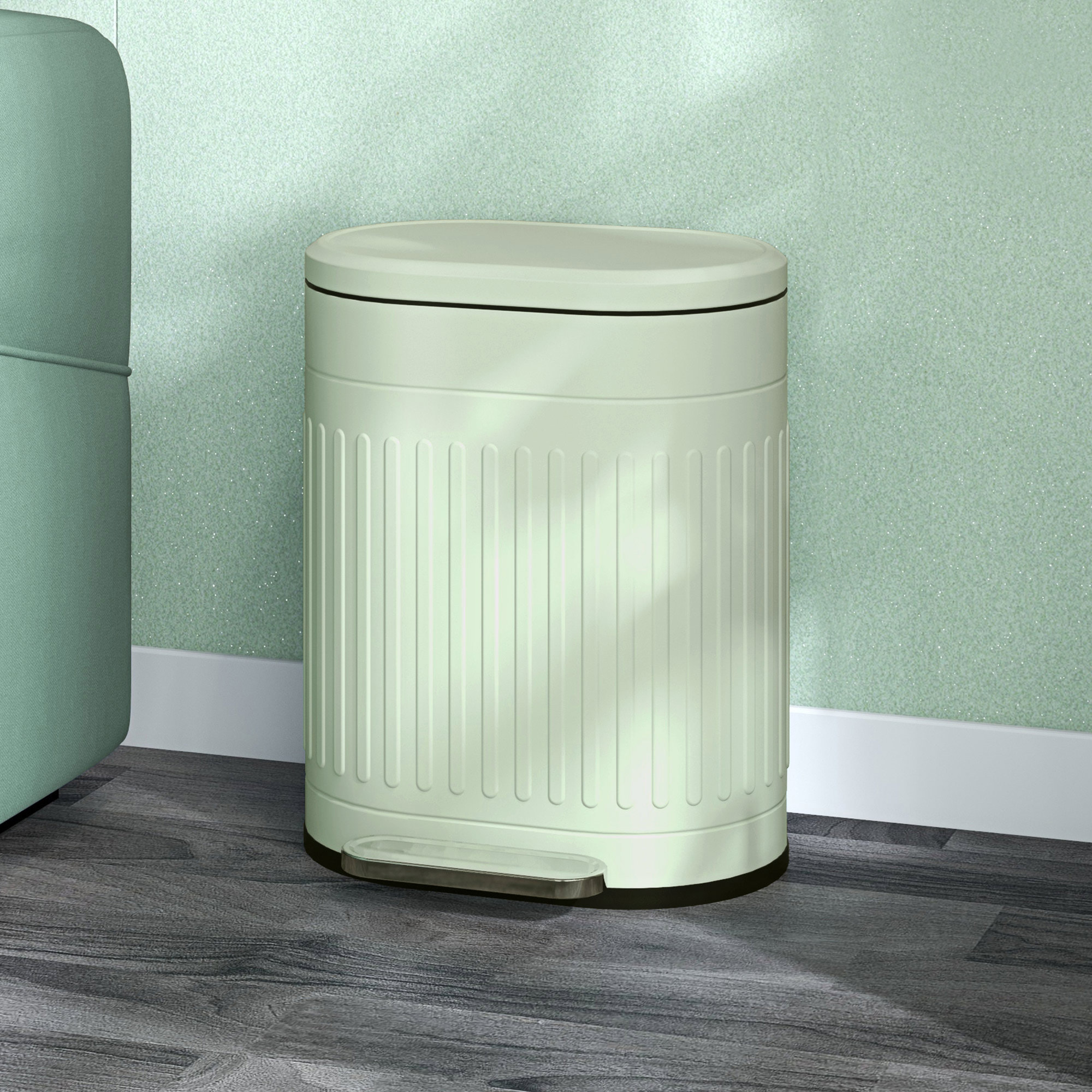 Poubelle à pédale design ovale métal ondulé 20L vert sauge clair