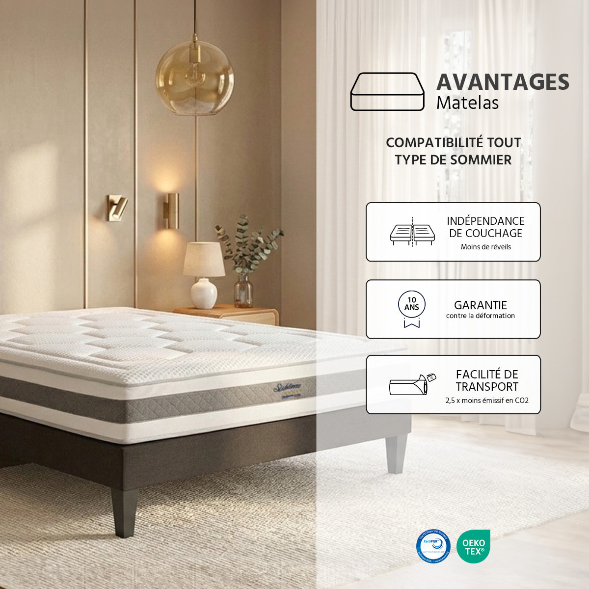 Matelas Sublime, 22 cm, Mémoire de Forme et Mousse Haute Densité, Soutien Mi-Ferme, Déhoussable, Fabrication Française