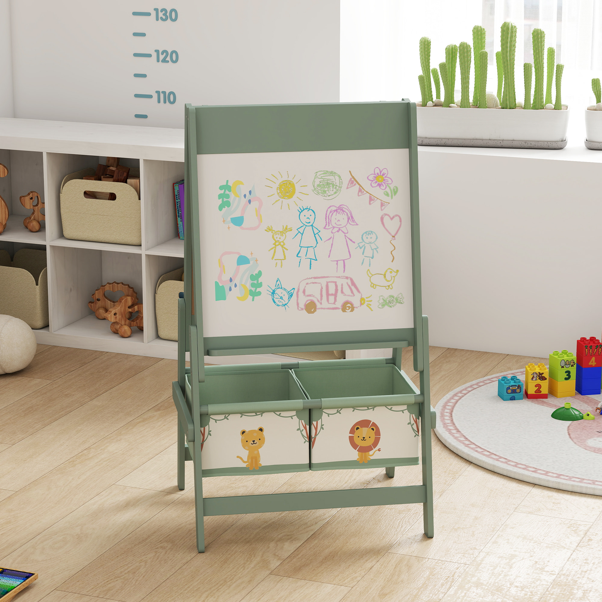 Tableau chevalet enfant - tableau blanc, tableau à craie, rouleau papier 3 en 1 - paniers rangement intégrés - MDF pin vert
