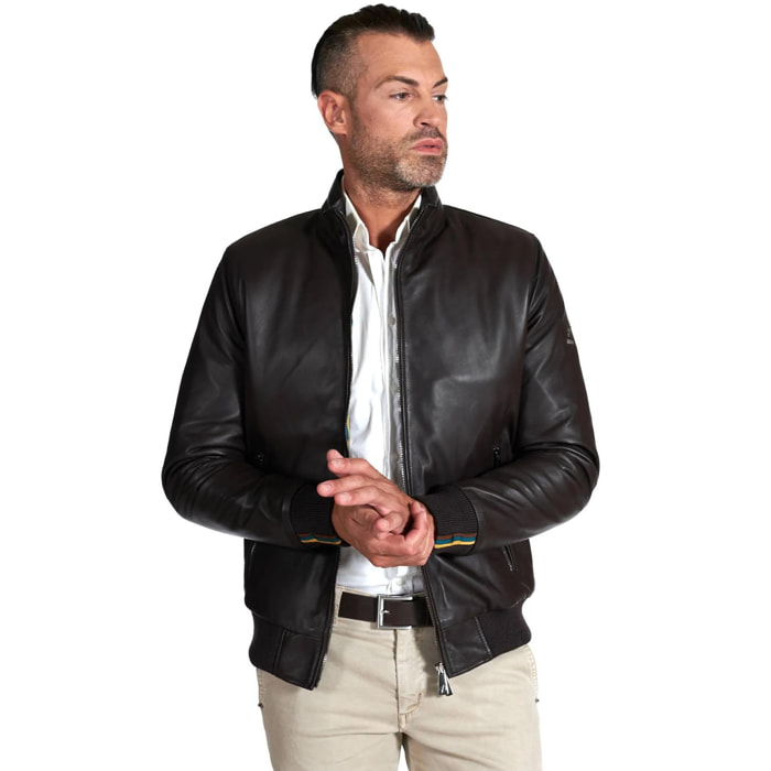 Bomber imbottito in pelle nappa marrone collo coreana con cerniera