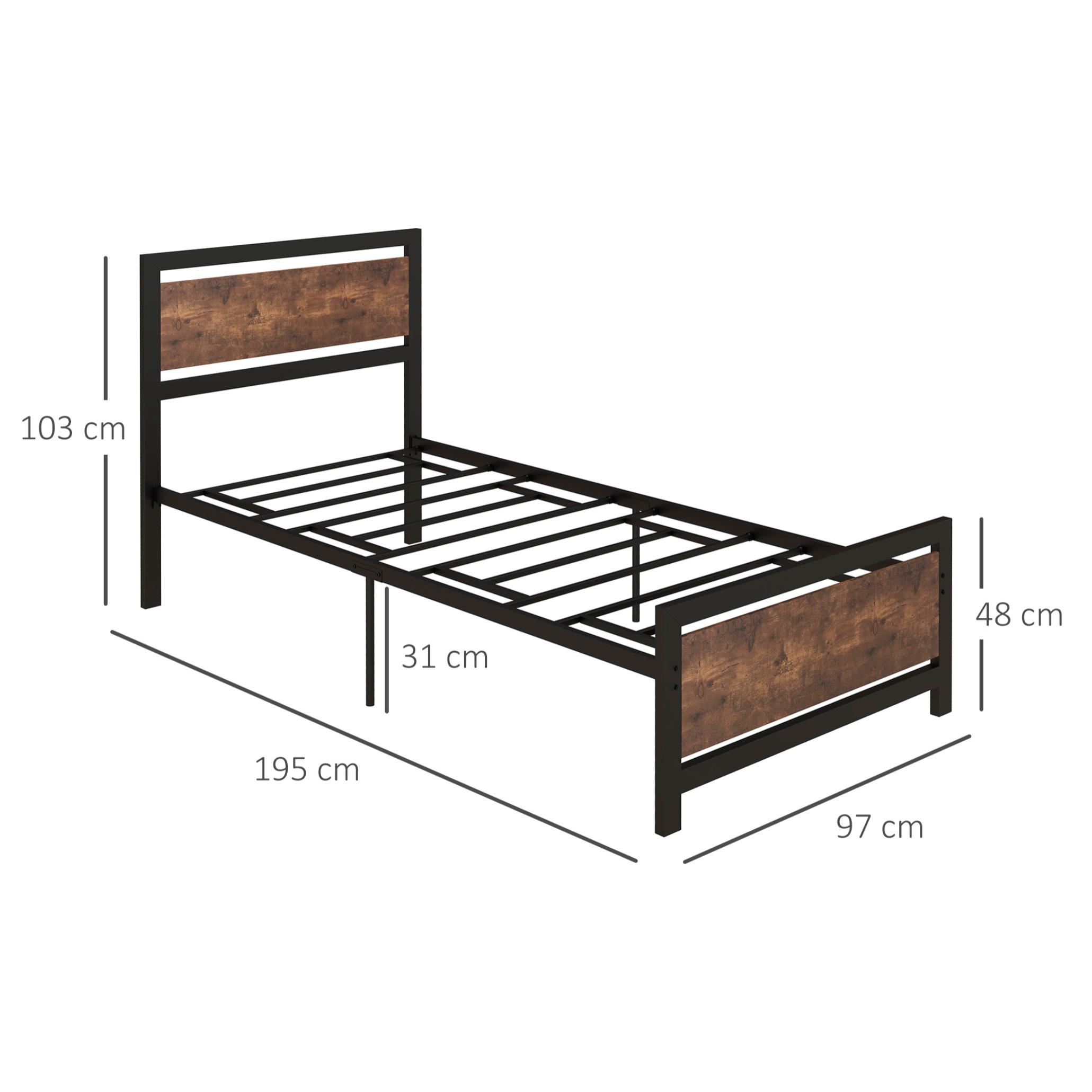 Lit simple design industriel - tête de lit, pied de lit et sommier - dim. 195L x 97l x 103H cm - compatible matelas 190L x 90l cm - acier noir MDF aspect bois avec veinage