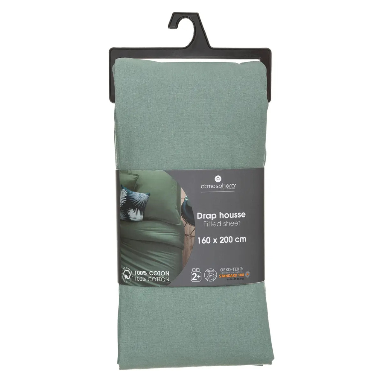 Drap-housse en coton - vert céladon - bonnet H30cm - 160x200 cm