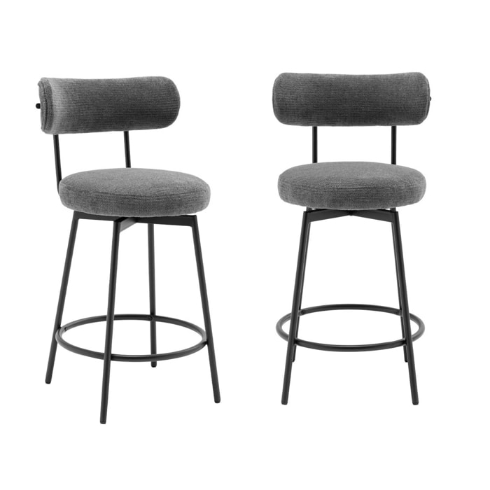 Lot de deux tabourets de bar assise rotative métal noir et tissu gris - L 50 x P 50 x H 92cm - Iris