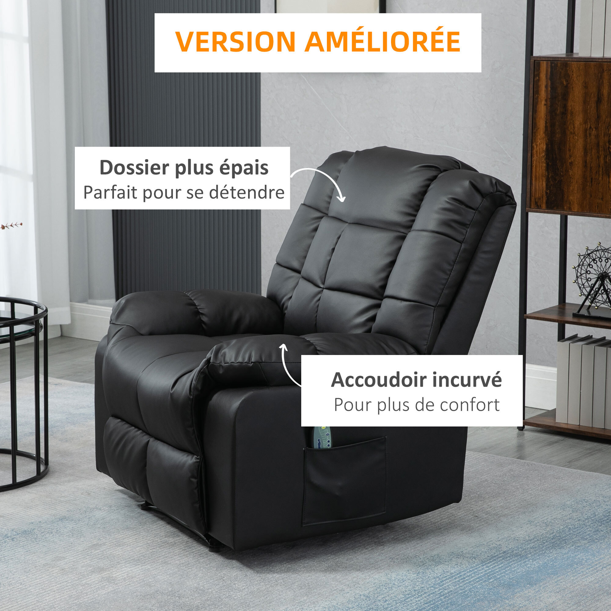 Fauteuil luxe de relaxation et massage inclinaison dossier repose-pied réglable revêtement synthétique noir