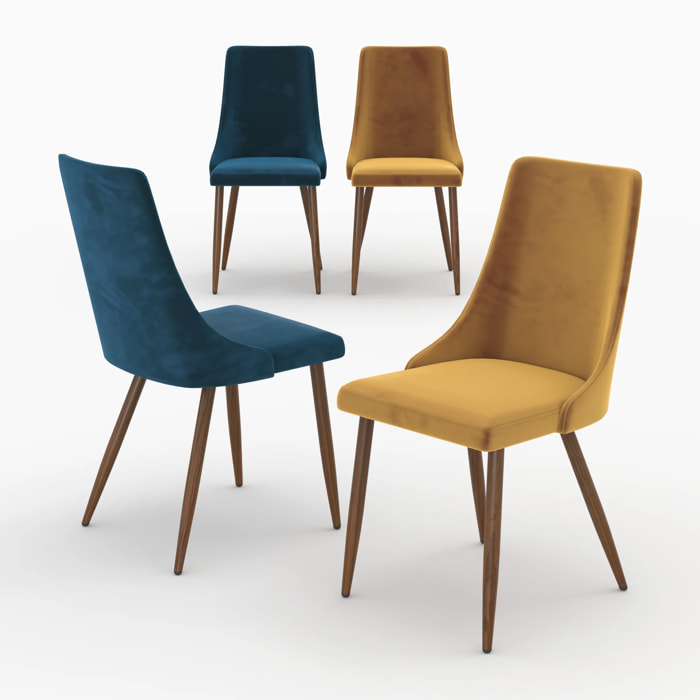 Pack 4 chaises en velours bleu et jaune - Vinni