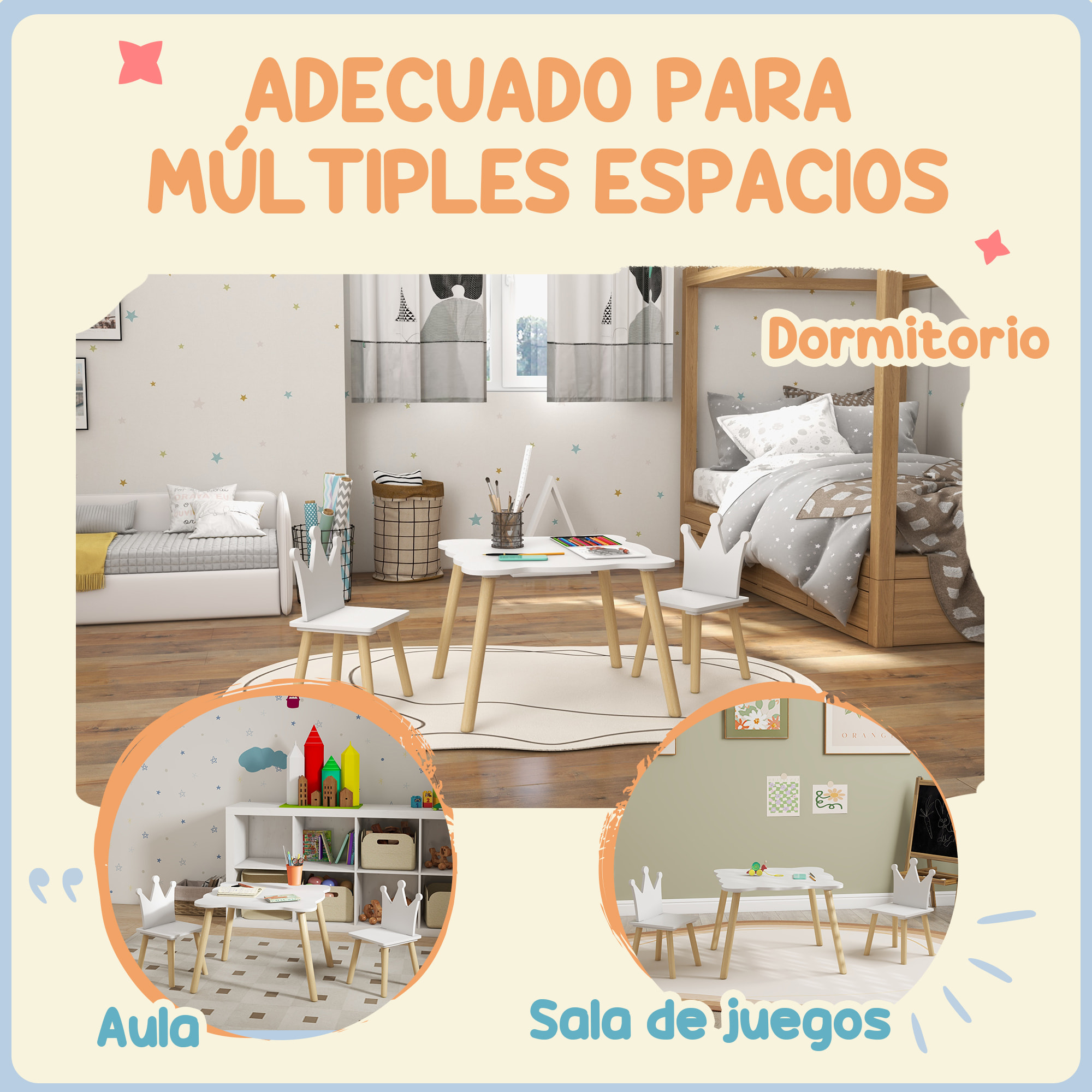 Mesa y Sillas Infantiles de 3 Piezas Mesa Infantil con 2 Sillas con Respaldo en Forma de Corona para Niños de 3-6 Años para Sala de Juegos Dormitorio Guardería Blanco
