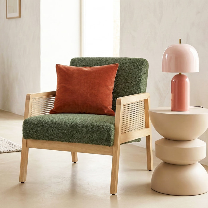 Fauteuil en cannage et tissu bouclé - MANI