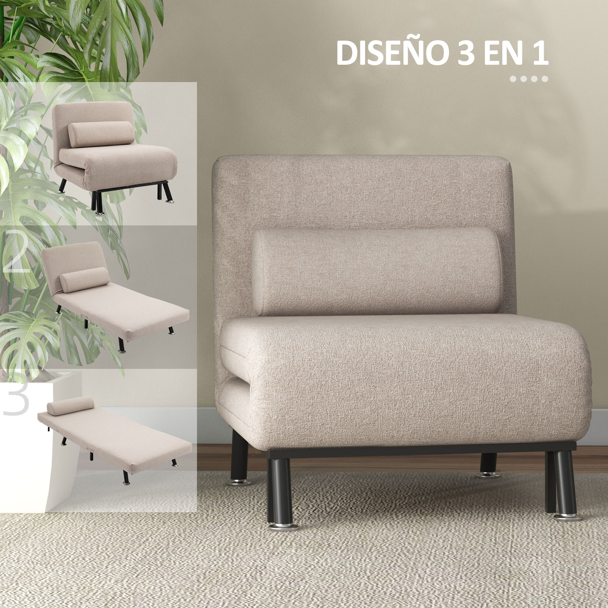 Sofá Cama de 1 Plaza 3 en 1 Sofá Cama Plegable Tapizado en Lino con Respaldo Ajustable de 5 Niveles y Almohada Acolchada para Oficina Dormitorio Salón 75x70x75 cm Beige