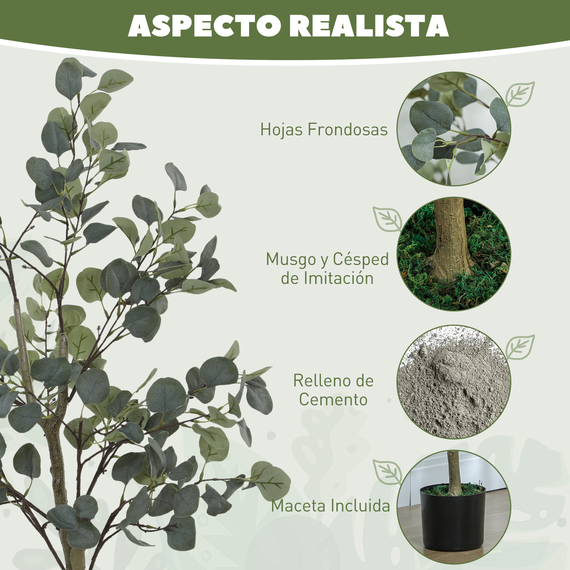 Planta Artificial Decorativa Grande 150 cm Eucalipto Artificial Árbol Sintético de Interior con 230 Hojas Decoración para Hogar Oficina Balcón Dormitorio Verde