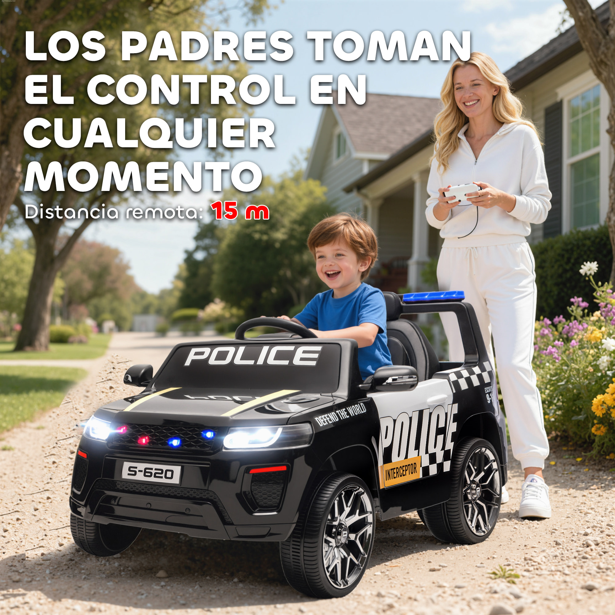 Coche Eléctrico para Niños de Policía, Coche de Batería 12V, con Motor Doble, Mando a Distancia 2,4 G, Suspensión en 4 Ruedas, Sirena, Faros LED, Puerto USB, Blutooth y Música, Negro