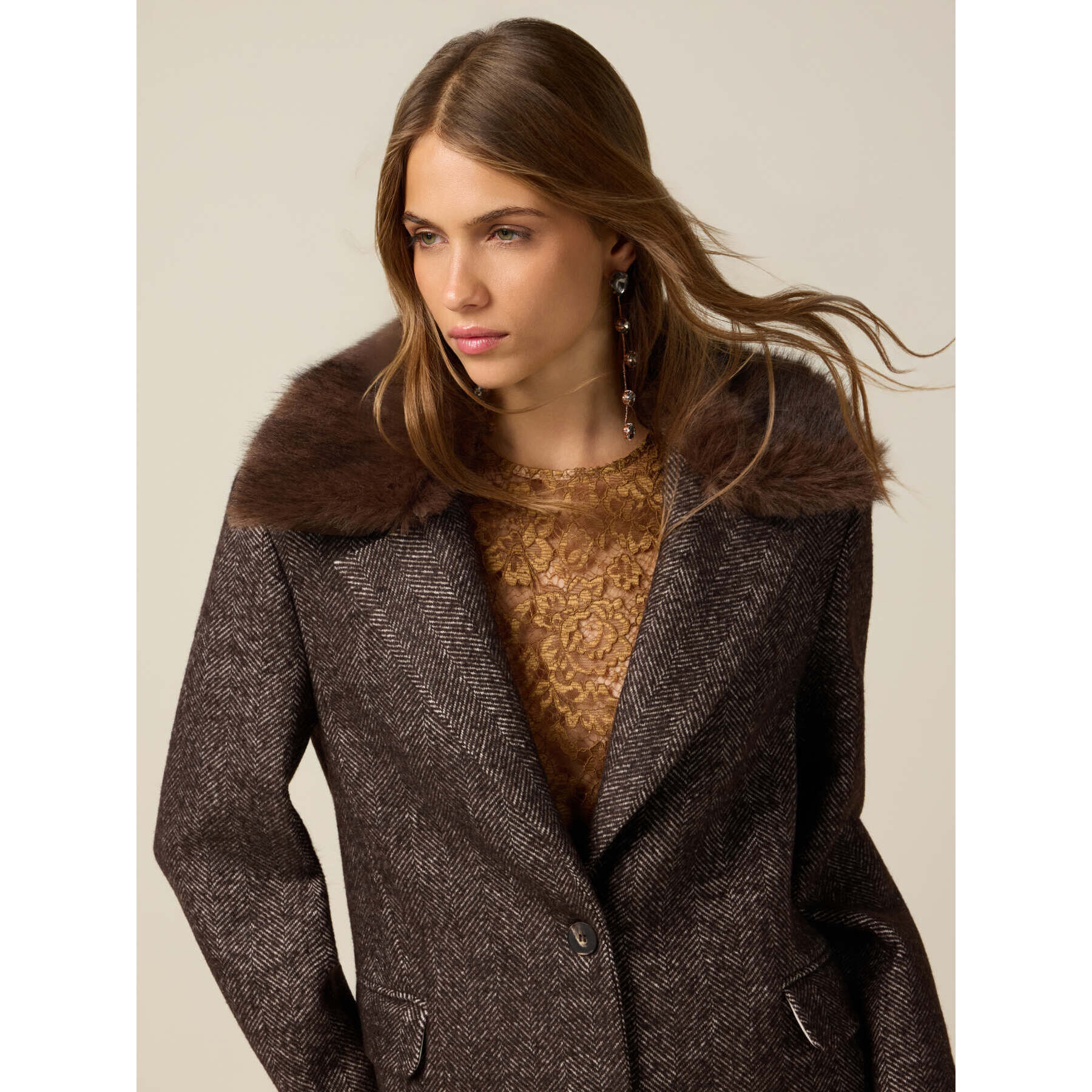 Oltre - Cappotto corto misto lana con collo removibile - Marrone