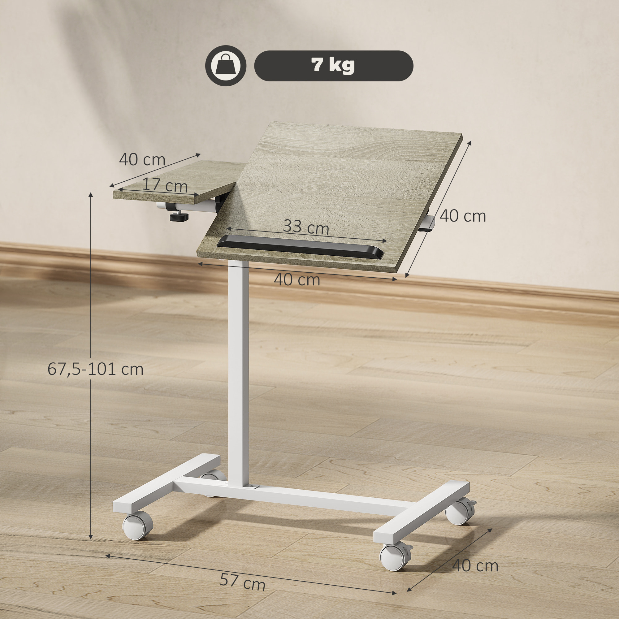 Mesa Auxiliar con Ruedas Mesa para Sofá con Altura Ajustable Superficie Inclinable y Marco de Metal para Dormitorio Salón Oficina 57x40x67,5-101 cm Roble y Blanco