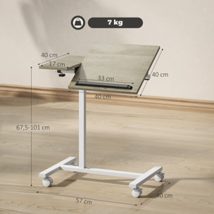 Mesa Auxiliar con Ruedas Mesa para Sofá con Altura Ajustable Superficie Inclinable y Marco de Metal para Dormitorio Salón Oficina 57x40x67,5-101 cm Roble y Blanco