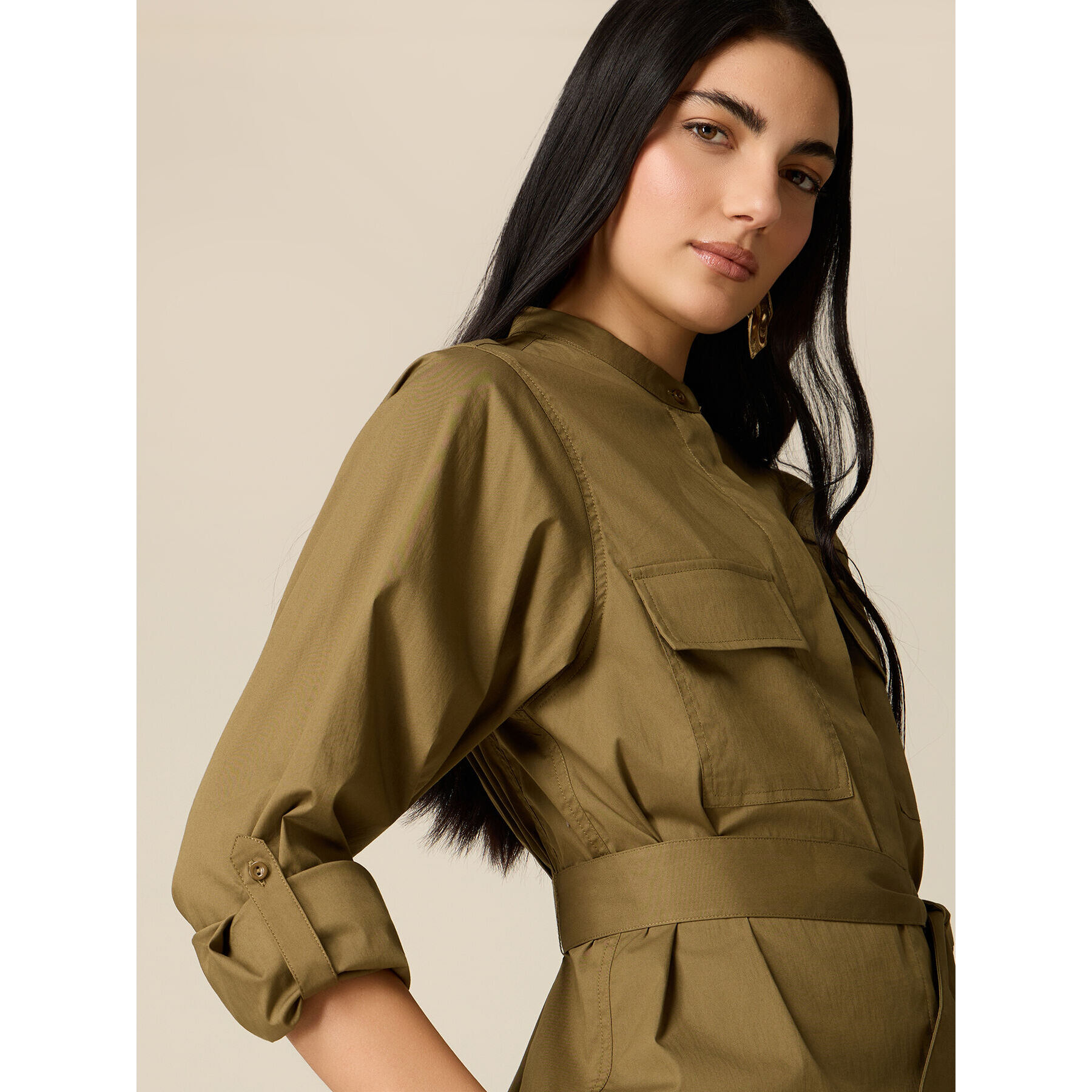 Oltre - Camisa de popelín con cinturón - Verde militare