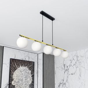 Lampada a sospensione Allora in acciaio nero e oro con sfere in vetro