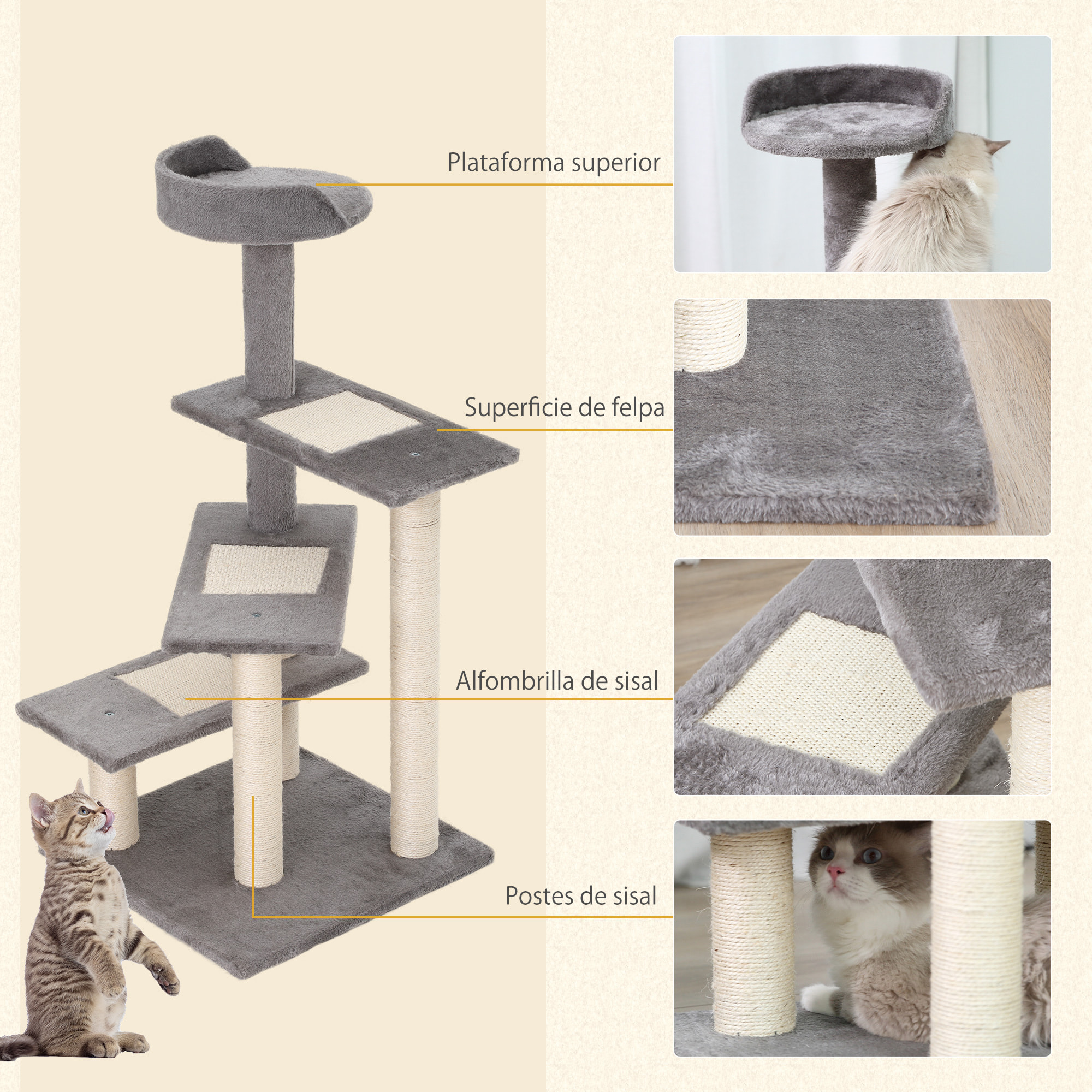 árbol Gatos de Terciopelo y Sisal 48x48x99,5cm Beige y Gris