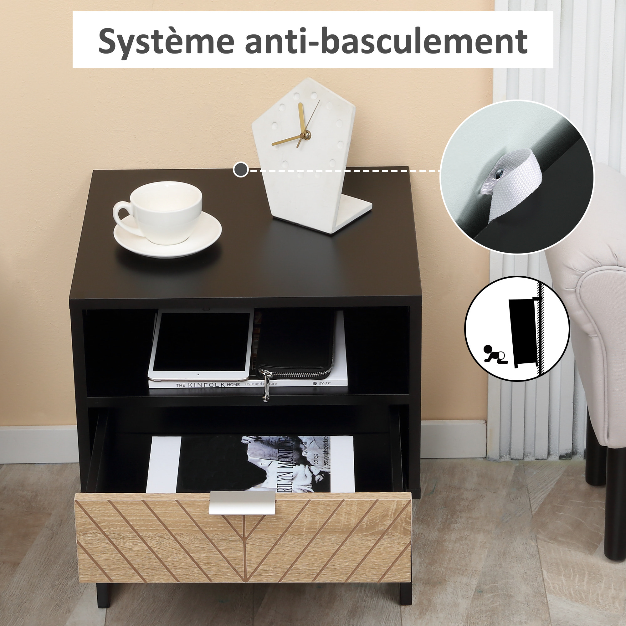 Table de chevet table de nuit style industriel tiroir niche piètement métal panneaux particules aspect bois de chêne sculpté à chevrons noir