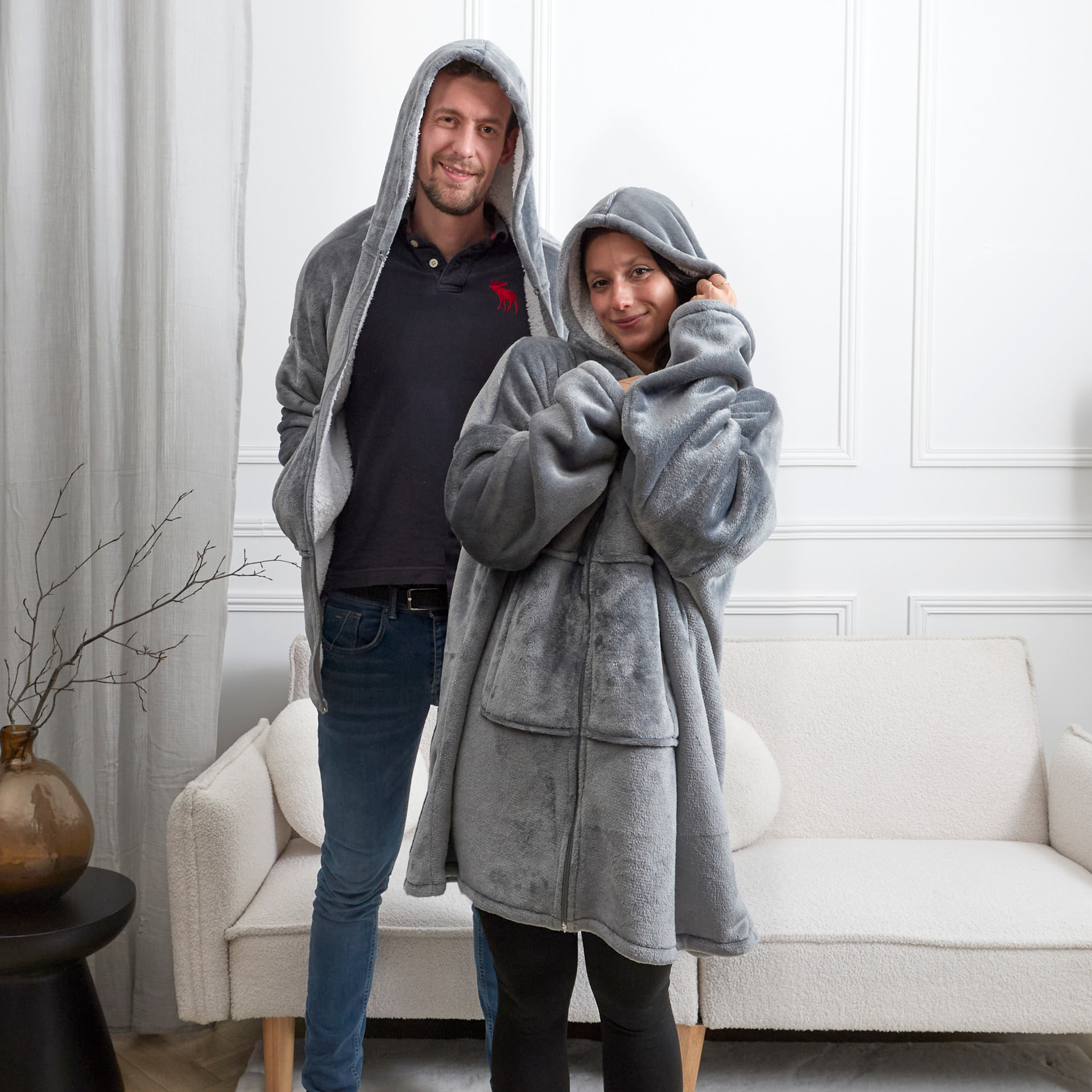Plaid - HOME DECO FACTORY - Ultraconfortable - Sherpa - Gris et blanc