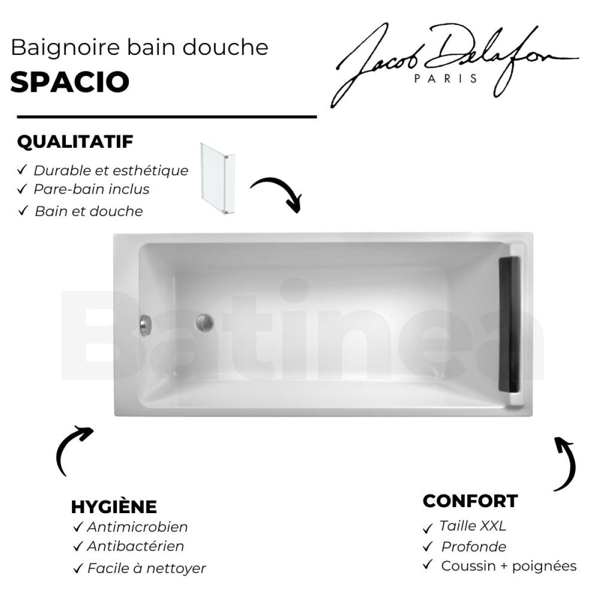 Baignoire droite Spacio + pare bain chromé