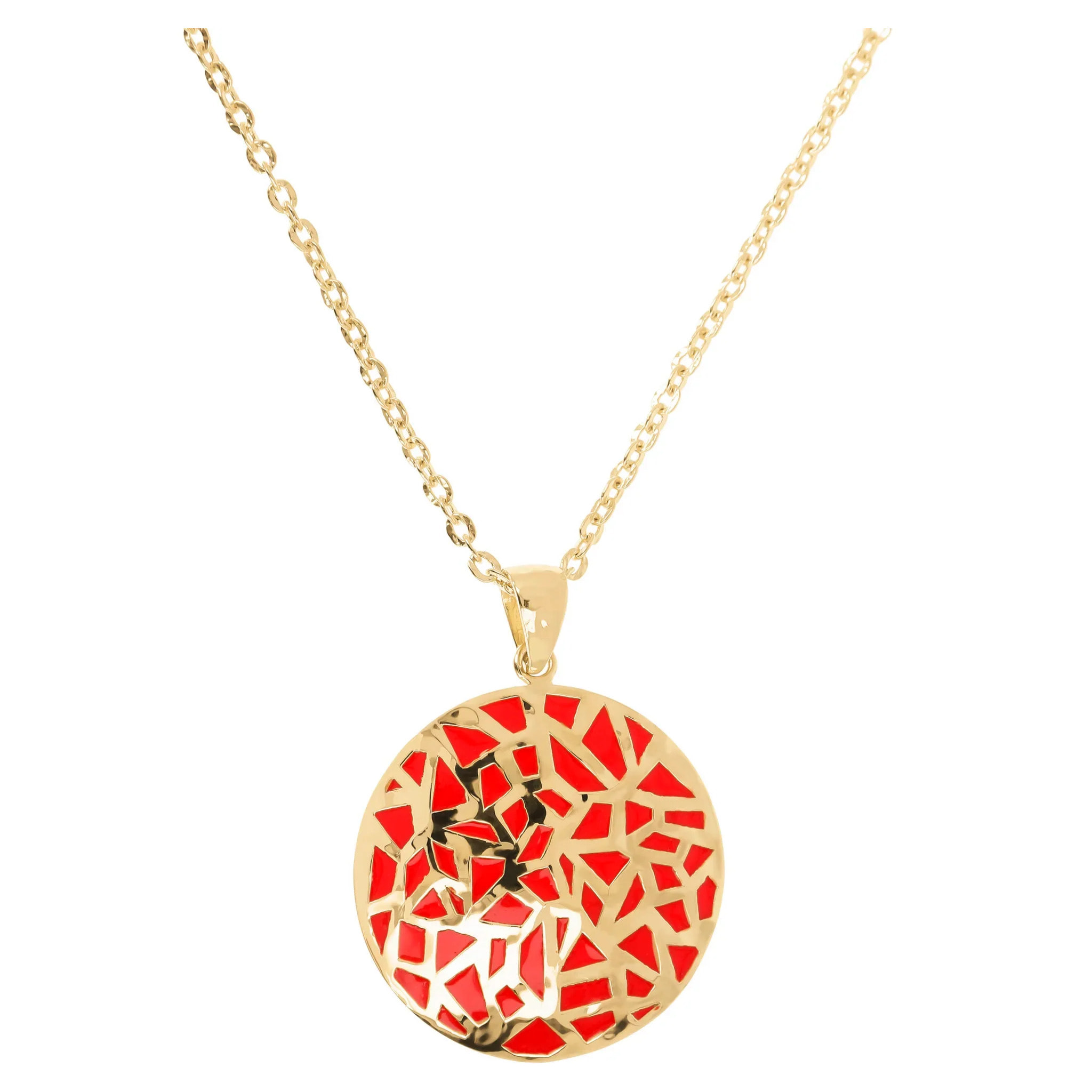 Collana Lunga Catena Forzatina con Pendente Bianco Tondo Smaltato e Traforato