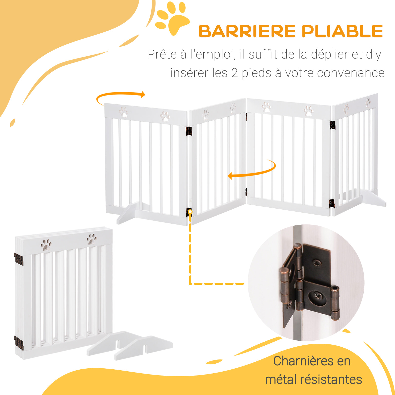 Barrière de sécurité pour animaux - barrière modulable pliable 4 panneaux - motif patte - 2 pieds support - bois de pin blanc