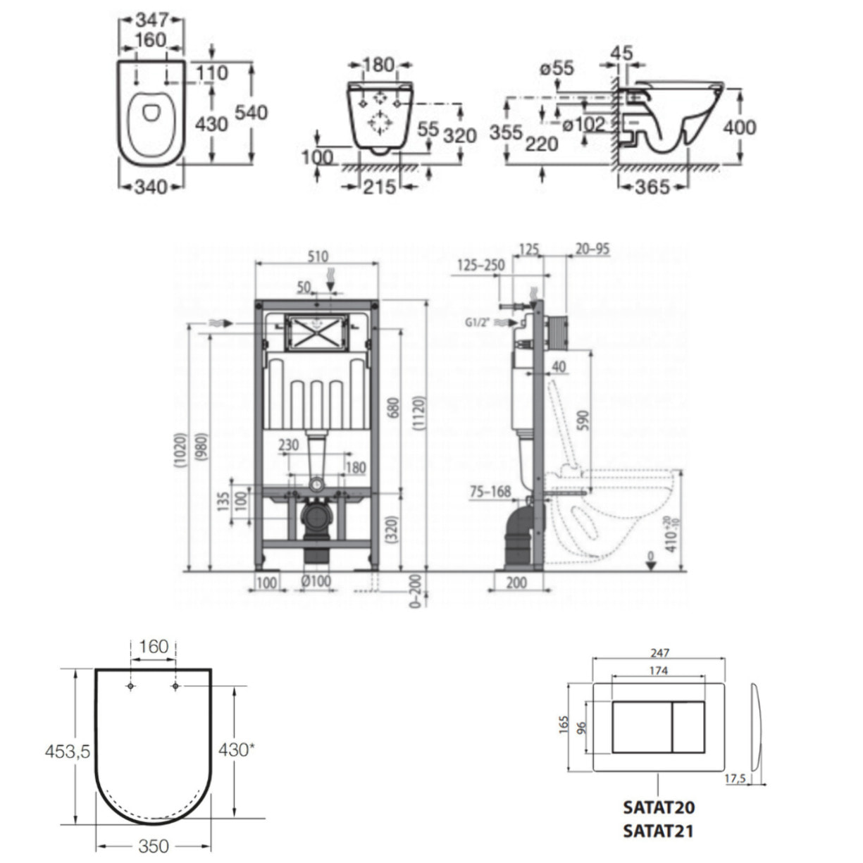 Pack WC bâti-support autoportant + WC suspendu sans bride avec abattant SoftClose + plaque blanche (STROGAWR01-U)