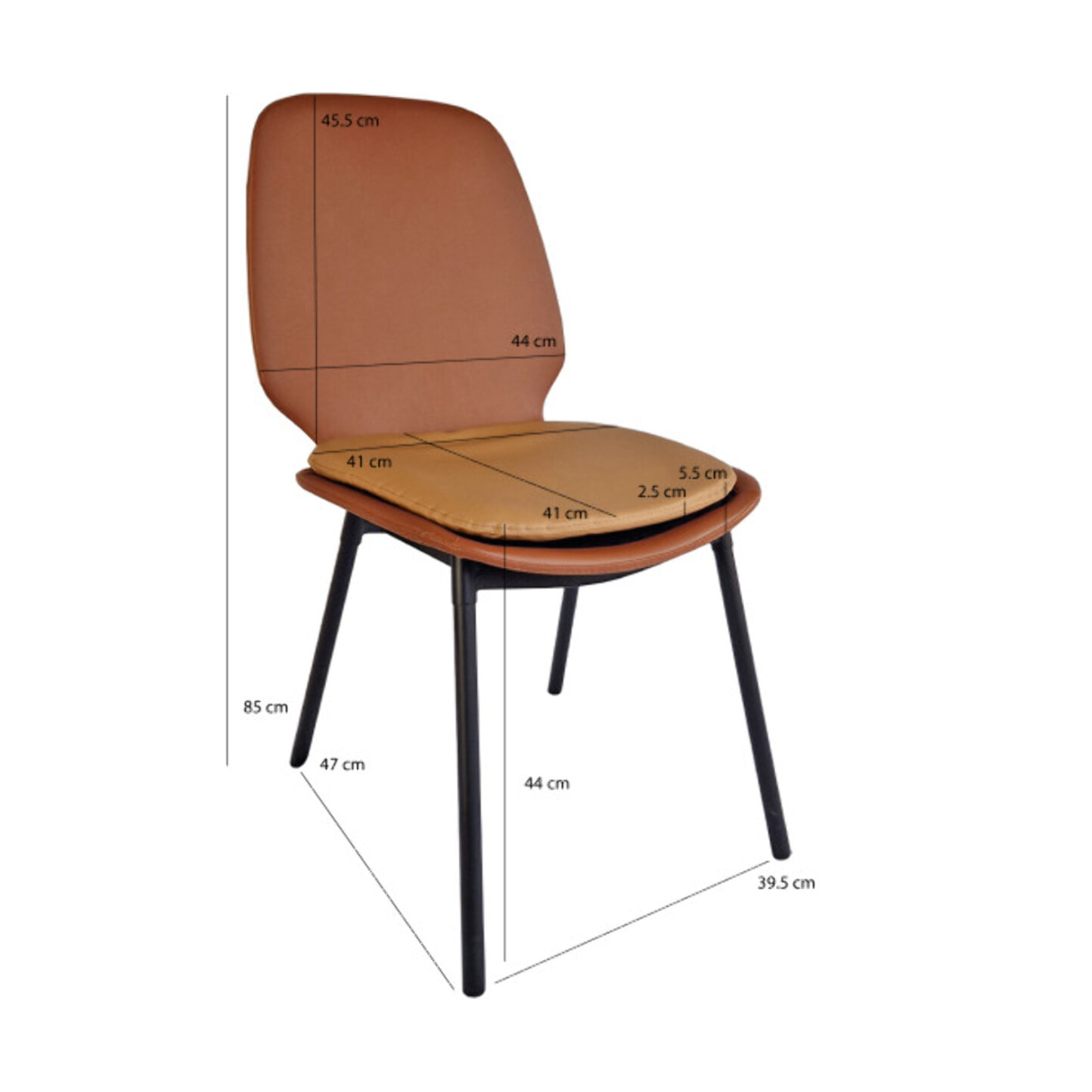 Chaise en simili marron avec coussin d'assise & pieds métal noir - BETTER