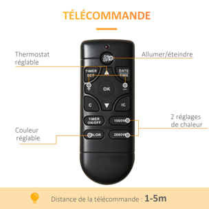 Cheminée électrique murale 1000/2000W effet flammes LED 7 couleurs réglables télécommande galets noir