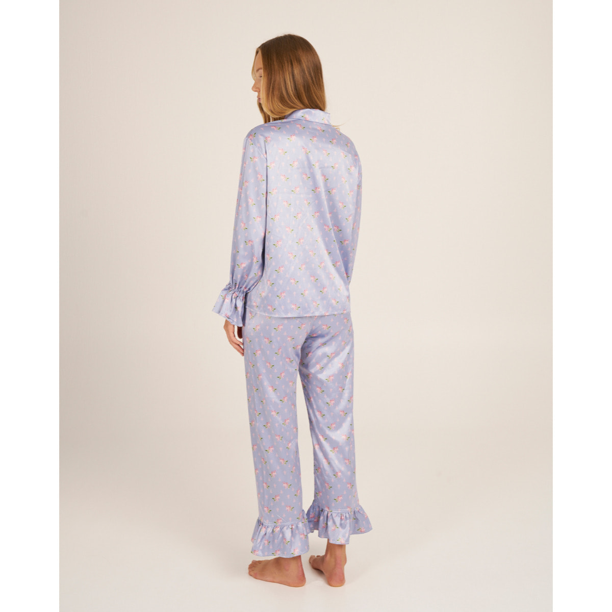 Camiseta de pijama de mujer estampada con volantes en los puños