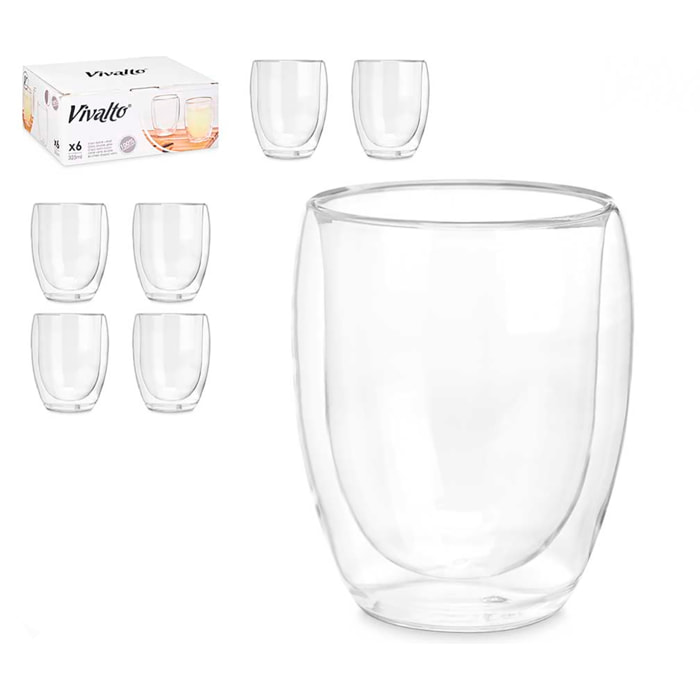 CONFEZIONE DA 6 BICCHIERI DA BEVANDA IN BOROSILICATO A DOPPIA PARETE 326 ML