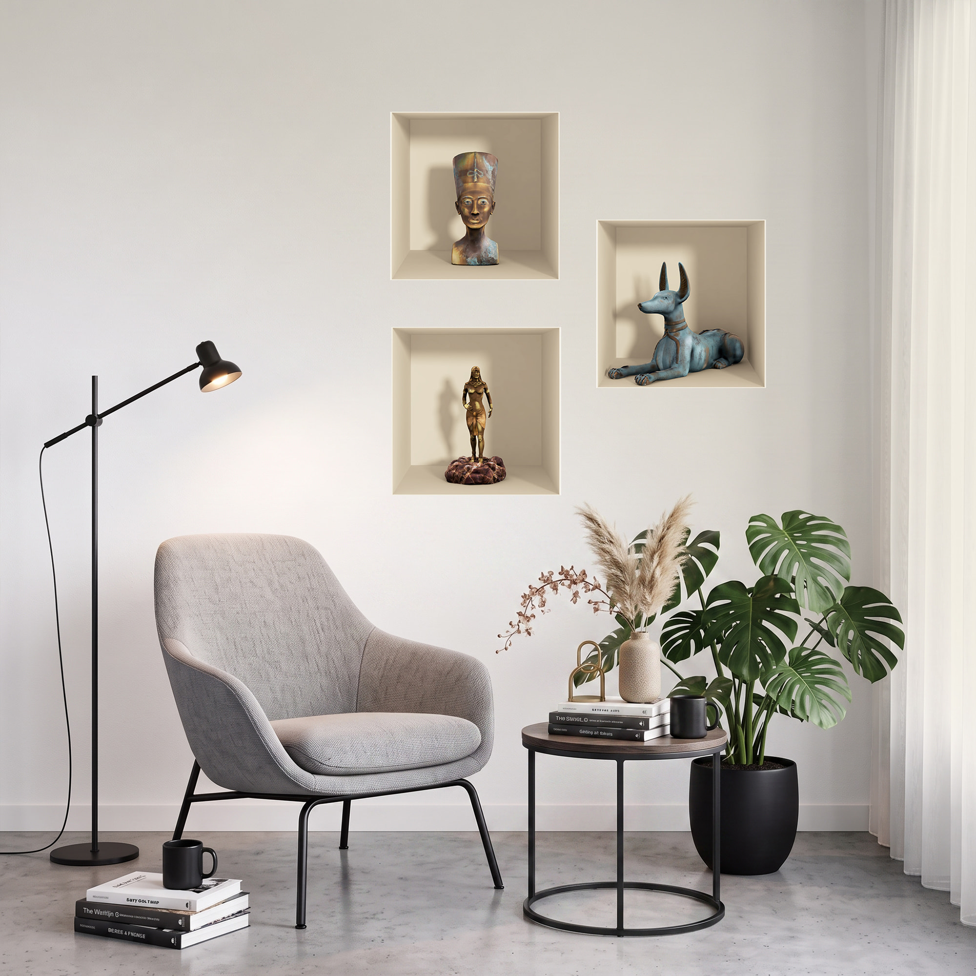 Stickers muraux 3D | Sticker Mural Autocollant effet 3D Egypte statues et vases - Stickers adhésifs 3D Chambre Salon Trompe l'oeil