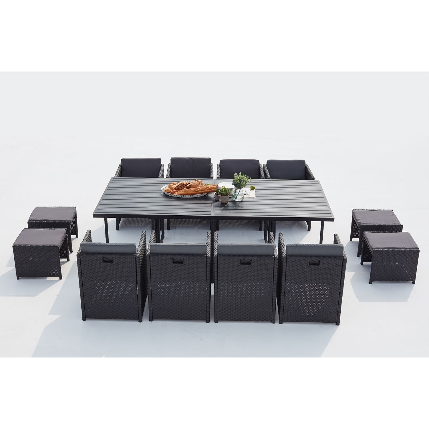 Table et chaise 12 places encastrables alu résine noir-gris ABASA