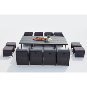 Table et chaise 12 places encastrables alu résine noir-gris ABASA